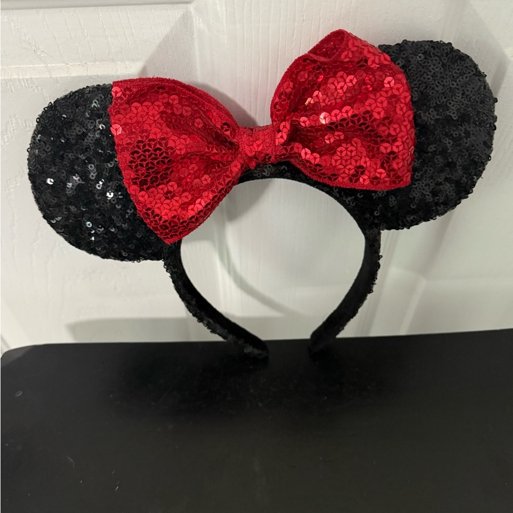 Sequin Black Ears with Red Bow Headband